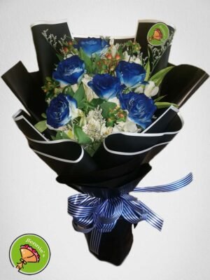 blue roses, blue rose bouquet, black wrap, bennies flowers