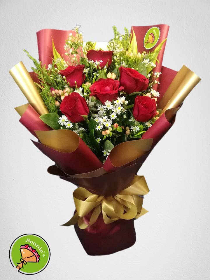 red roses, red rose bouquet, red and gold wrap, bouquet, bennies flowers
