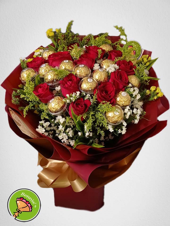 chocolate bouquet, ferrero arrangement, ferrero bouquet, rose and ferrero, roses, local roses, rose bouquet, bennies flowers