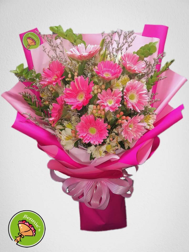 pink gerberas, pink gerbera bouquet, bouquet, pink wrap bouquet, bennies flowers