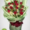 red roses, red rose bouquet, bouquet, green wrap bouquet, bennies flowers