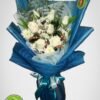 white roses, white rose bouquet, blue flower wrap, bennies flowers, bouquet