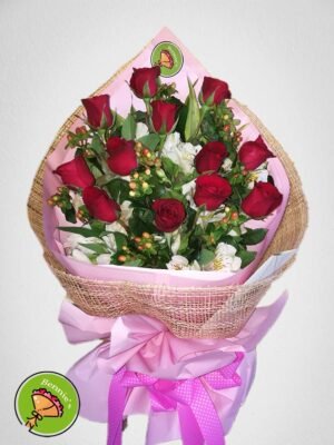 red rose bouquet, rose bouquet, elegant bouquet, bennies flowers, pink wrap