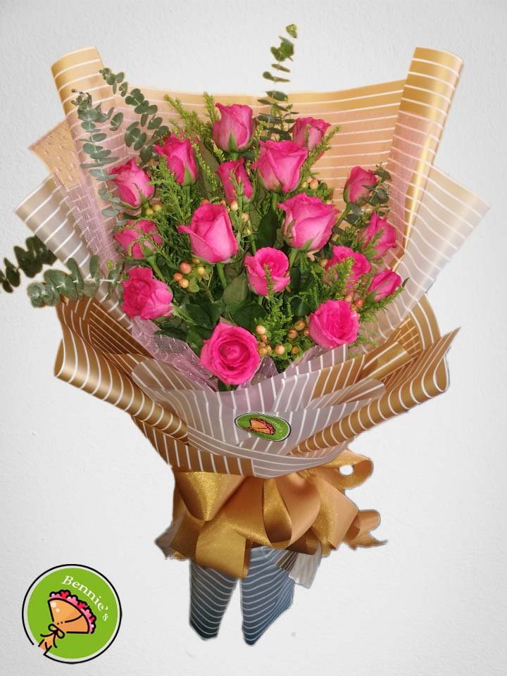fuchsia pink rose, pink rose bouquet, rose bouquet, bennies flowers
