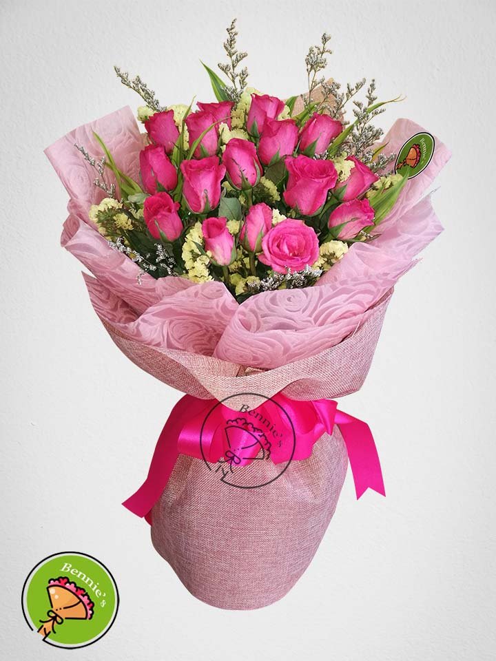 fuchsia pink rose, pink rose bouquet, rose bouquet, bennies flowers