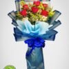 red rose bouquet, red roses, bouquet, blue flower wrap, bennies flowers