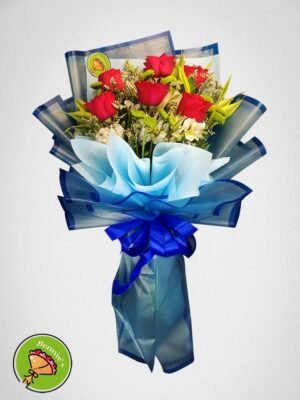 red rose bouquet, red roses, bouquet, blue flower wrap, bennies flowers