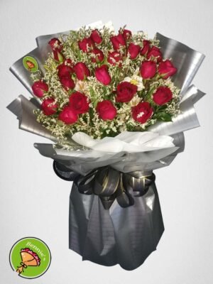 red roses, bouquet, rose bouquet, silver wrap, bennies flowers