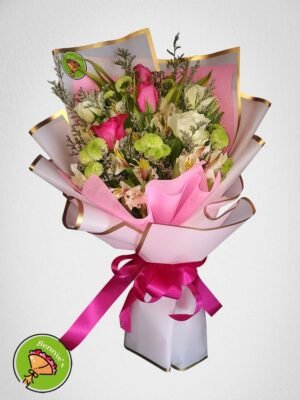 rose bouquet, fuchsia pink roses, pink wrap bouquet, bennies flowers