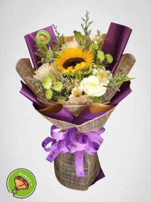 purple wrap bouquet, sunflower and rose bouquet, bennies flowers