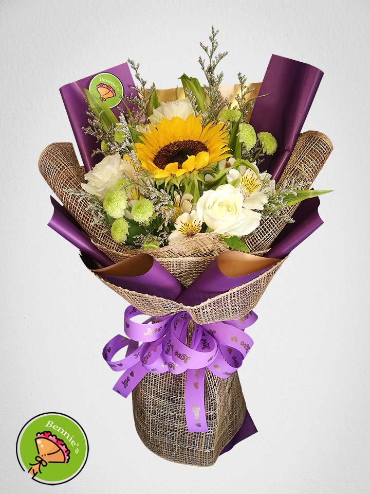purple wrap bouquet, sunflower and rose bouquet, bennies flowers