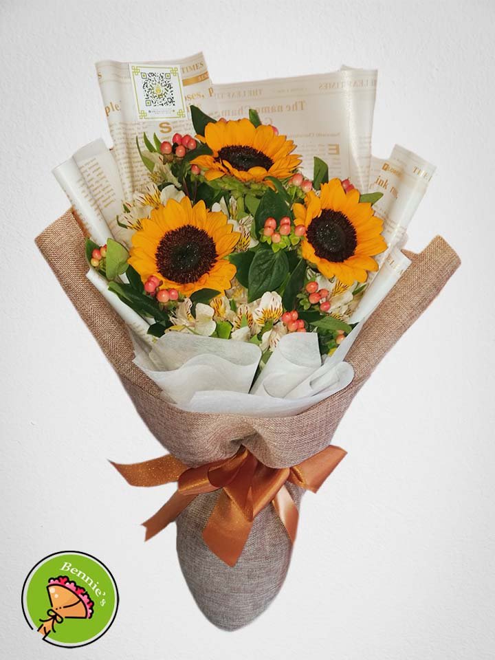 sunflowers, sunflower, sunflower bouquet, sunflowers bouquet, bennies flowers, white wrap bouquet